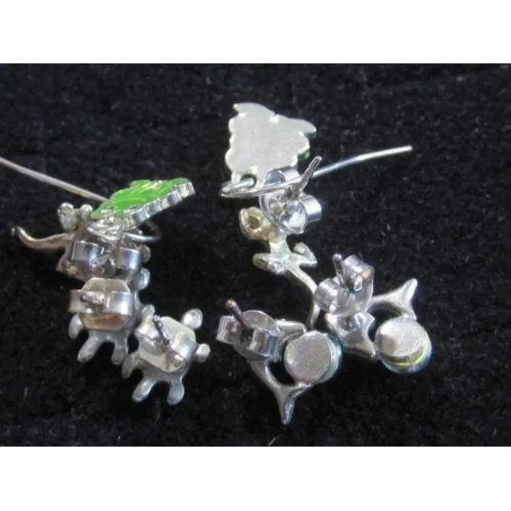 Animal‎ Earring Set 4 Pairs Frog Turtle Lizard Dolphin Silver Tone Green Enamel